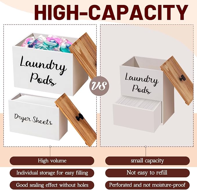 Dandat 4 Pcs Magnetic Laundry Pod Holder Laundry Room Container Set, Lint Bin with Scoop and Brush Dryer Sheet Holder, Scent Booster Container Rustic Gift Wood Farmhouse Room Decorcontainer(White) - Image 4