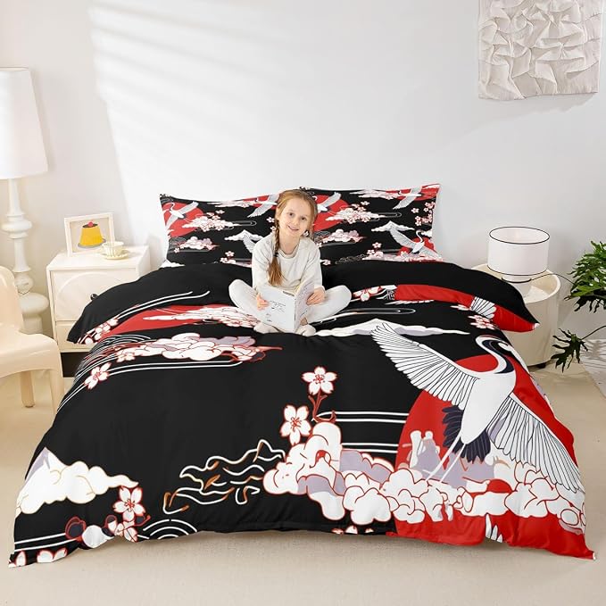 Erosebridal Crane Duvet Cover Queen Size Japanese-Style Bedding Set Cherry Blossoms Pattern Adult Women Girls Comforter Cover 3 Pieces Japanese Traditional Pattern Decor Comforter Set With Zipper Ties - Image 2
