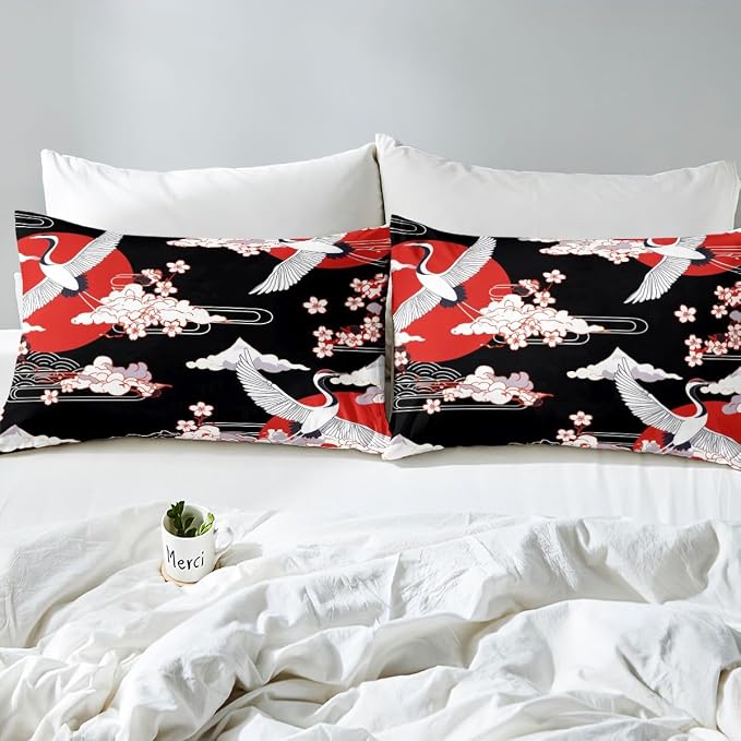 Erosebridal Crane Duvet Cover Twin Size Japanese-Style Bedding Set Cherry Blossoms Pattern Adult Women Girls Comforter Cover 2 Pieces Japanese Traditional Pattern Decor Comforter Set with Zipper Ties - Image 7