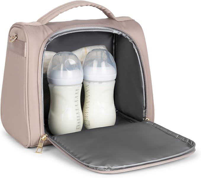 JuJuBe Insulated Bottle Bag, Breastmilk Cooler Bag Fits 3 Baby Bottles, Storage Tote for Nursing Mom, Daycare & Travel, Lunch Bag w/Handle & Shoulder Strap (Taupe) - Image 4
