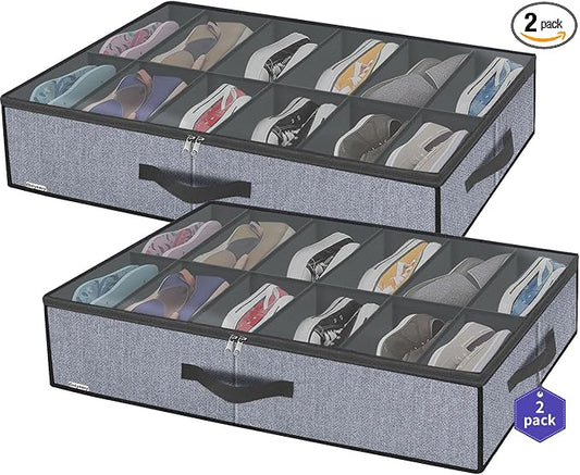 Onlyeasy Large Under Bed Shoe Organizer (6 to 12 Pairs x 2) - Underbed Shoes Closet Storage Solution with Metal Zipper and 2 Handles, Breathable, 29.3"x23.6"x5.9", Linen-like Grey, MXDUBSB2P by Onlyeasy