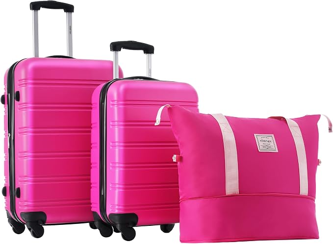 Merax Luggage Sets 2 Piece Expandable Hardside Luggage with Travel Bag Suitcase Set with Spinner Wheels(20+24+bag,Pink-1) by Merax