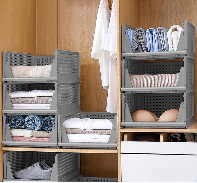 4-Pack Folding Wardrobe Storage Box Plastic Drawer Organizer Stackable Shelf Baskets Cloth Closet Container Bin Cube Home Office Bedroom Laundry Pull Out Drawer Dividers for Clothes,Toys Organization - Image 2