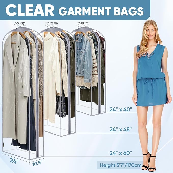 BALEINE 60'' Clear Garment Bags, 10.5'' Wide PEVA Suit Bag for Closet Clothes Dresses Suit Coats Storage (Clear, 6PK) - Image 2