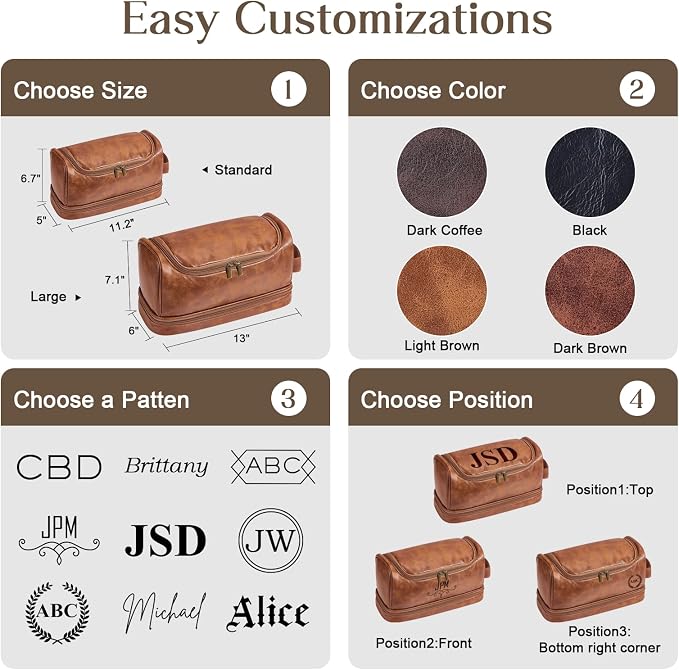 Personalized Toiletry Bag For Men, Husband, Boyfriend, Dad Large Capacity PU Leather Travel Dopp Kit Handcrafted Custom Name Unique Gift For Birthday| Fathers Day| Anniversary| Wedding Groomsmen Gifts - Image 3