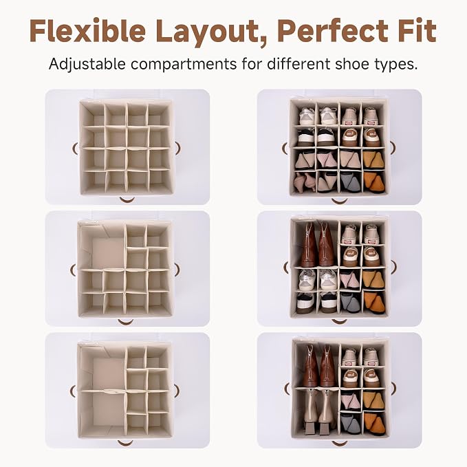 StorageWorks Shoe Organizer for Closet, Shoe Storage Cubby Containers with Adjustable Dividers and Clear Cover, Fits up to 16 Pairs, Foldable Shoe Storage Box for Closet, Entryway, Beige - Image 9