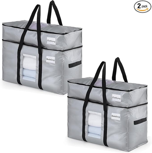 TAILI 2 Tier Extra Large Moving Bags, 2 Pack Silver Heavy Duty Totes For Storage with Visible Window, Wrap Around Handles, Storage Bags for Space Saving, Alternative to Moving Boxes by TAILI