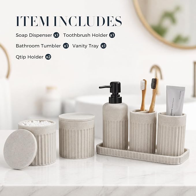 INIUNIK Bathroom Accessory Set, 6 Pieces, Beige | Resin, Bathroom Accessories Set, with Soap Dispenser Set, Toothbrush Holders, Tumbler, Vanity Tray & 2 Qtip Holder - Image 5