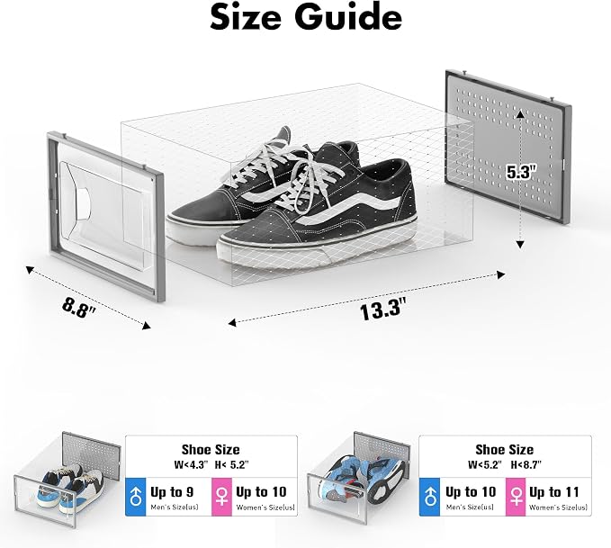 Foluck Shoe Storage Box, 15 Pack Clear Plastic Stackable Organizer for Closet, Interlocking Design Shoes Container Bins for Sneakers, Foldable Shoe Rack with Lids, Grey - Image 2