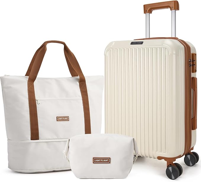 LIGHT FLIGHT 3-Piece Luggage Sets, Expandable Carry On Luggage 22x14x9 Airline Approved, Hardside Carry On Suitcases with Wheels, TSA Lock Travel Luggage Sets, Beige and Brown by LIGHTFLIGHT