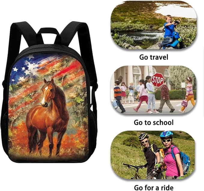Patriotic American Flag Horse Print Children's Schoolbag Set Independence Day, Lightweight Knapsack Set with Lunch Box and Pen Bag, Large Durable Backpack Set for Primary and Middle School - Image 3