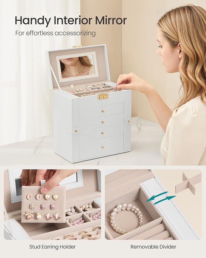 SONGMICS Jewelry Box Organizer, 5-Layer with 4 Drawers, Cream White | Jewelry Storage Case with Lock and Mirror, Large Storage Capacity, for Necklaces, Watches, Gift for Loved Ones UJBC153WD01S - Image 5