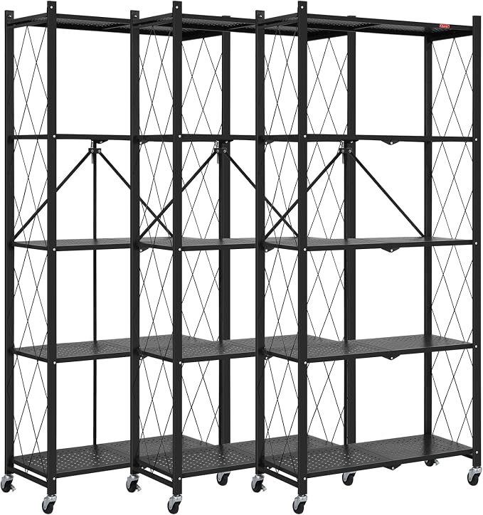 DEANIC 5 Tier Foldable Storage Shelves with Wheels, Large Capacity Shelving Unit, Freestanding Metal Wire Shelf Rack, No Assembly Organizer Rack for Garage Kitchen, Basement, Pantry,Black,3 Pack by ShowNow