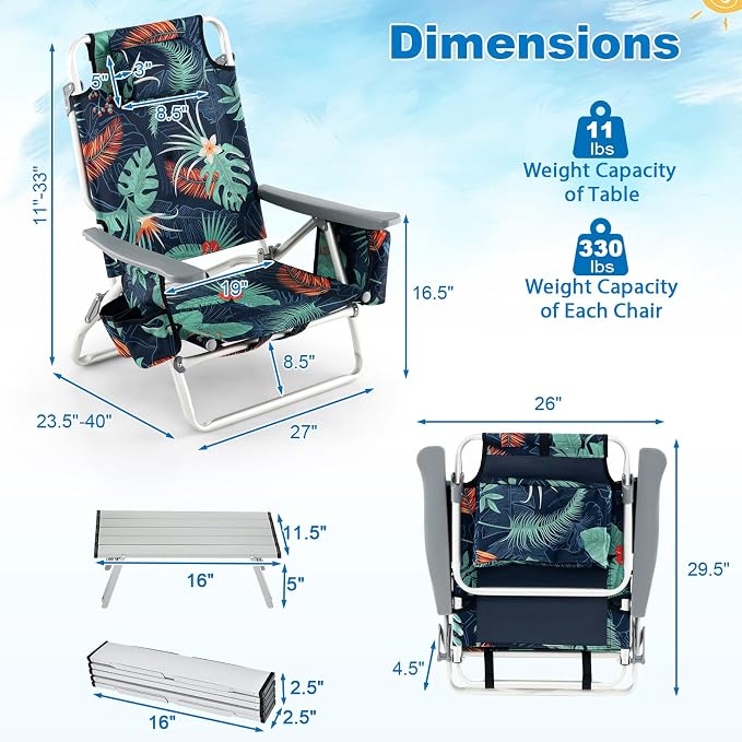 Giantex Folding Beach Chair, Patio Sling Chairs with 5 Adjustable Position, Head Pillow, Storage Bag, Towel Bar, Cup Holders, Backpack Chairs for Sunbathing, Camping Chair - Image 3