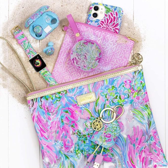 Lilly Pulitzer Water Resistant Vinyl Beach Day Pouch, Zipper Bag Includes Drink Hugger, Small Pouch, and Towel Clips - Image 4