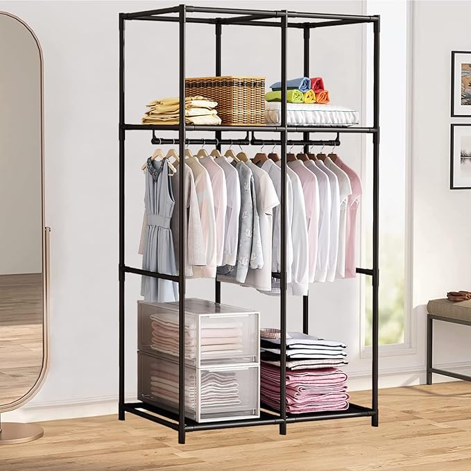 SORCEDAS Portable Wardrobe Closet Storage Organizer Metal Hanging Rack Non-Woven Fabric 34 Inch Coffee (34 Inch, Coffee) - Image 4