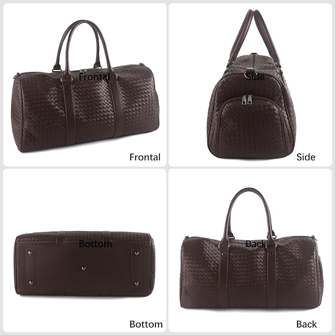 Weekender Bag for Women Men Water-resistant Gym Tote, Leather Woven Travel Duffel Bags with Shoe Compartment - Image 3