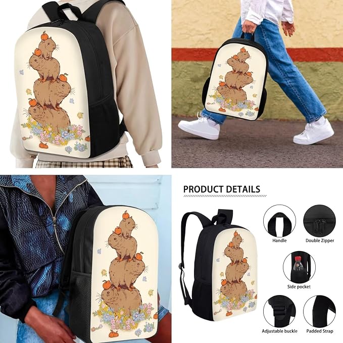 Mumeson 17inch Backpack Set for Student School Travel Backpacks Capybara Bookbag Satchel Rucksack Daypack for Girls Boys,3 in 1 Schoolbag Set with Lunch Bag Pencil Case - Image 4