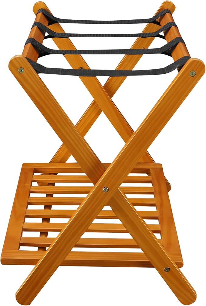 Casual Home Foldable Solid Wood Fully-Assembled Luggage Rack, 26.75"Wide with Shelf, Honey Oak - Image 4