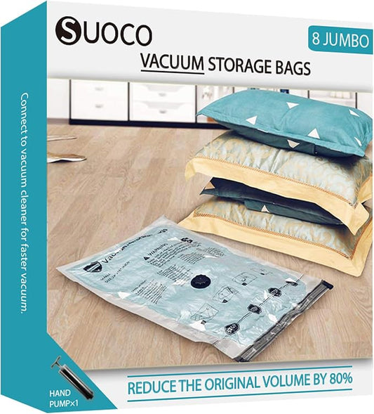 Vacuum Storage Bags, Compression Packing Space Saver Seal Bags for Clothing Bedding Comforters Blankets Pillows, 8 Jumbo by SUOCO