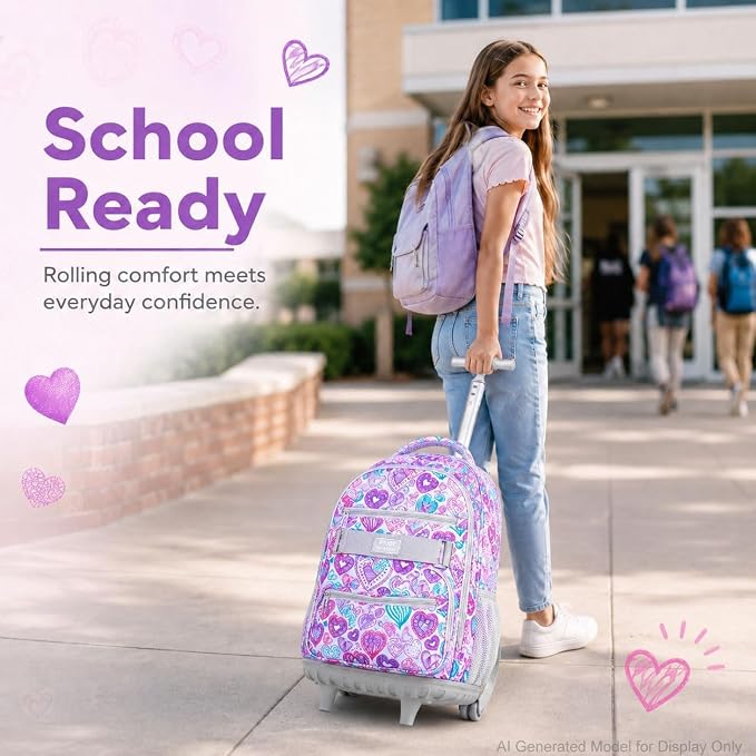 3pcs Rolling Backpack for Girls, 19 Inche Adult Bag with Roller Wheels, Wheeled Bookbag Set for Women - PinkGrey - Image 2