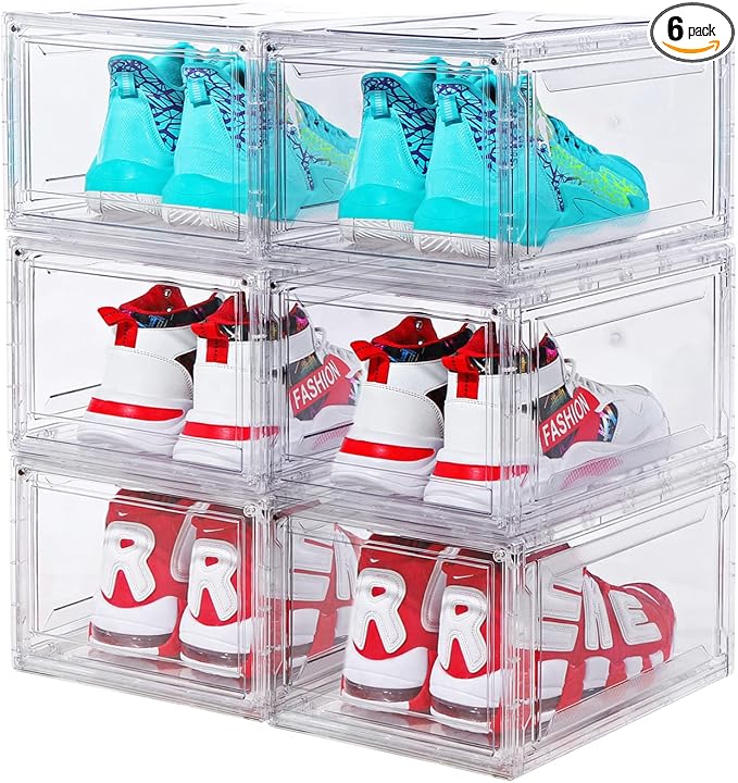 6 Pack Shoe Boxes Clear Stackable, Large Shoe Storage Boxes, Space Saving Acrylic Shoe Boxes, Foldable Shoe Container Boxes that Fits Up to Size 14 Shoes (10 Pack Transparent) by BVBOX
