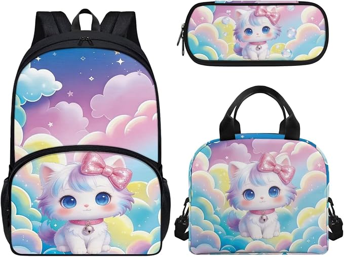 Rainbow Cat 3 Pieces Backpack for Kids, Girls Preschool Backpack with Lunch Box Pencil Case, School Bookbag Set, Kids Backpack for Travel by CndexdWearfunPrintjoy