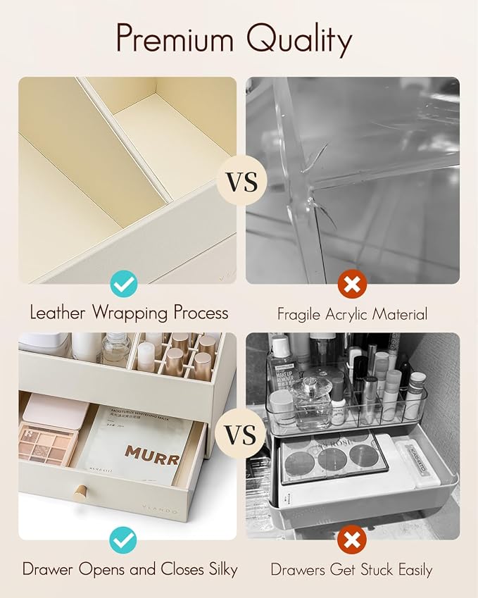 VLANDO Makeup Organizer,Vanity Organizer with Drawers, PU Leather Skincare Organizer Perfume Organizer,Large Cosmetic Display Case for Lipstick,Brushes Gifts for Women-Beige - Image 6