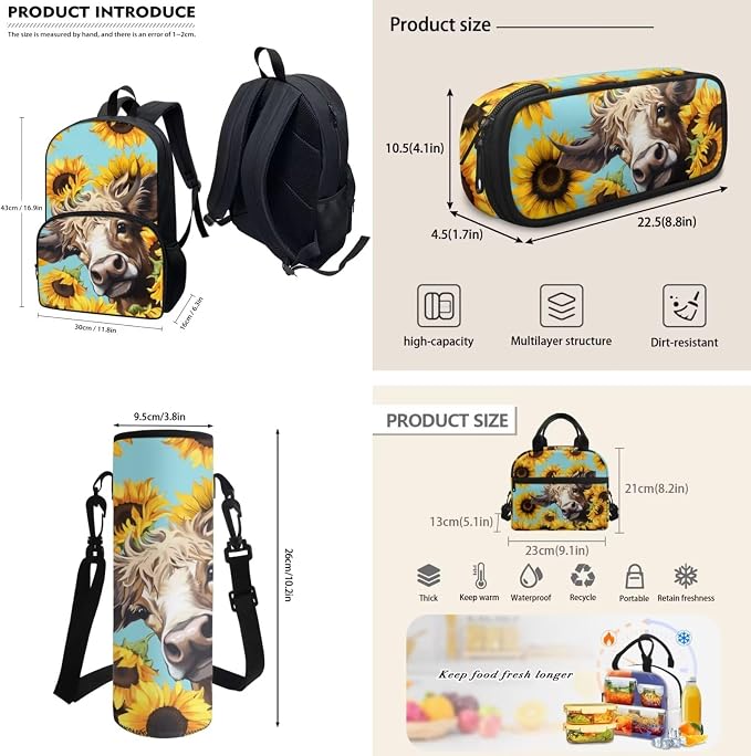 4 pcs Highland Cow Sunflower Schoolbag Set for Girls Boys，Durable Highland Cow School Bag Set with Insulated Lunch Box Pencil Case Water Bottle Bag School Supplies - Image 3