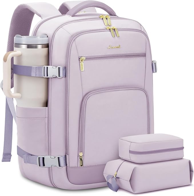 LOVEVOOK Travel Backpack For Women, 40L Carry On Backpack Flight Approved, TSA Personal Item Travel Bag Fits 17 Inch Laptop, Business Weekender Overnight Waterproof Daypack With 2 Cubes, Light Purple by LOVEVOOK
