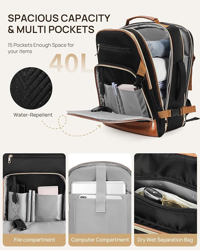 Telena Travel Backpack for Women, 17.3 inch Laptop TSA Carry On Personal Item Size Flight Approved Travel Bag Daypack with Multi-Pockets for Work, Travel, Business, Black-Brown - Image 6