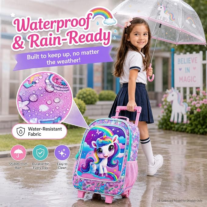 HPJGD 3PCS Unicorn Rolling Backpack for Girls, Kids School Backpacks with Wheels, Water Resistant UV Printed Roller Wheeled Bookbag Set - Image 4