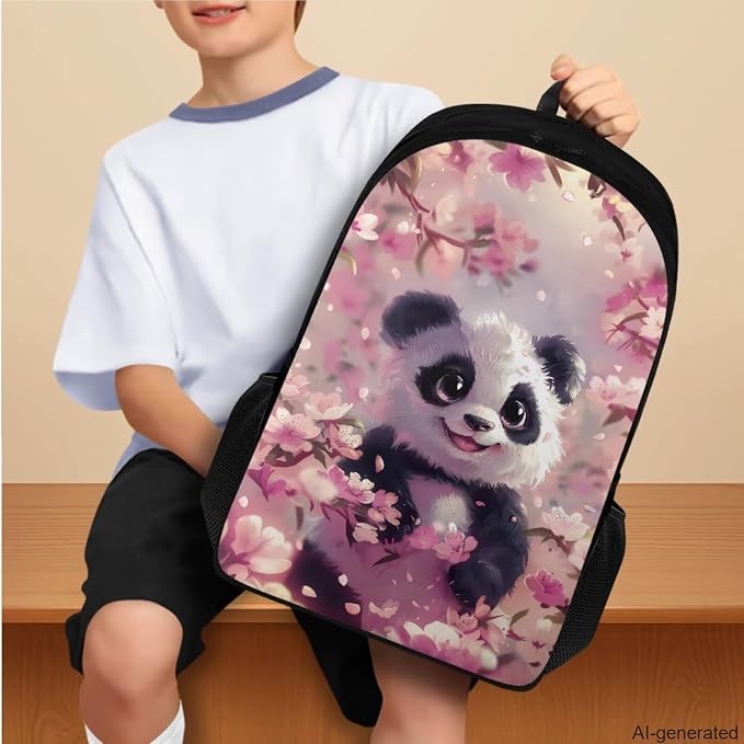 Cherry Blossom Panda Backpack for Girls Kids Backpack with Lunch Box Water Bottle Carrier and Aesthetic Pencil Case 4PCS Set Bookbag with Compartments for School 17 inch Large Cute School Bag - Image 3