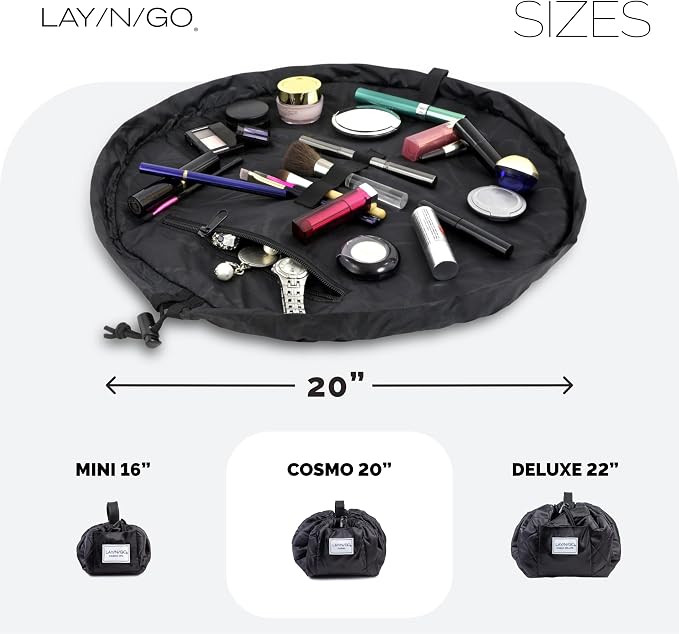 Lay-n-Go Cosmo Layflat Drawstring Cosmetic & Makeup Bag Organizer - Portable Drawstring Bag w/Zipper Pocket, Makeup Loops & More - Durable, Machine Washable Toiletry Bag for Travel (20", Black) - Image 4