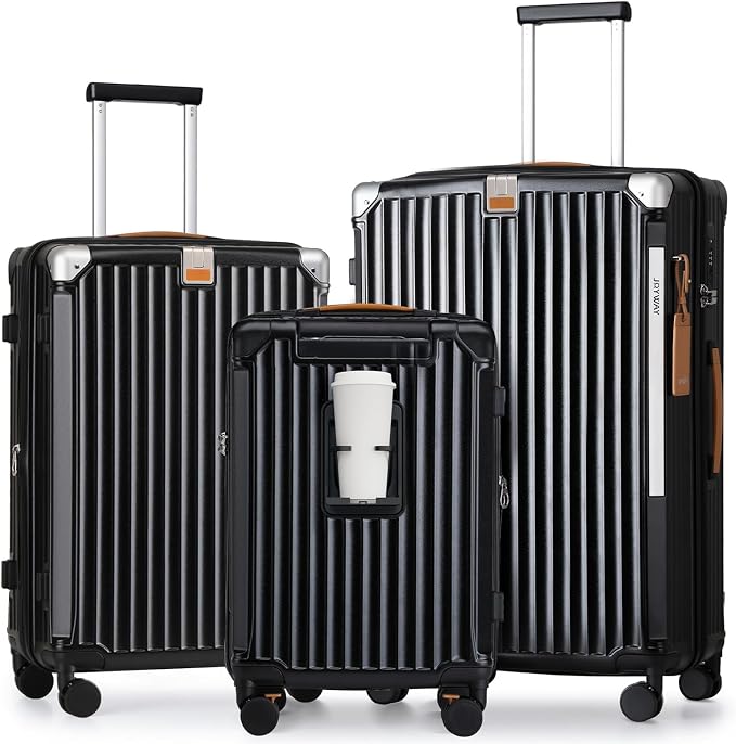 Joyway 3 Piece Set Hardside Expandable Luggage with USB Charging Port and Cup Holder, TSA Lock Spinner Wheels Suitcase for International Travel, Lightweight Carry On Checked Baggage, Black by Joyway