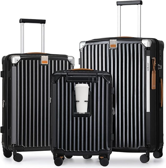 Joyway 3 Piece Set Hardside Expandable Luggage with USB Charging Port and Cup Holder, TSA Lock Spinner Wheels Suitcase for International Travel, Lightweight Carry On Checked Baggage, Black by Joyway