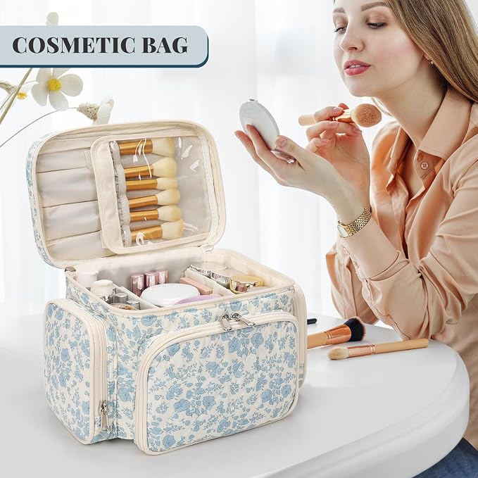 Bagmoly Large Cotton Makeup Bag, Quilted Floral Makeup Bag Organizer for Women Girls with Makeup Brush Compartment & Two Side Pockets, Cosmetic Travel Bag Vertical Storage- Blue Flower - Image 7