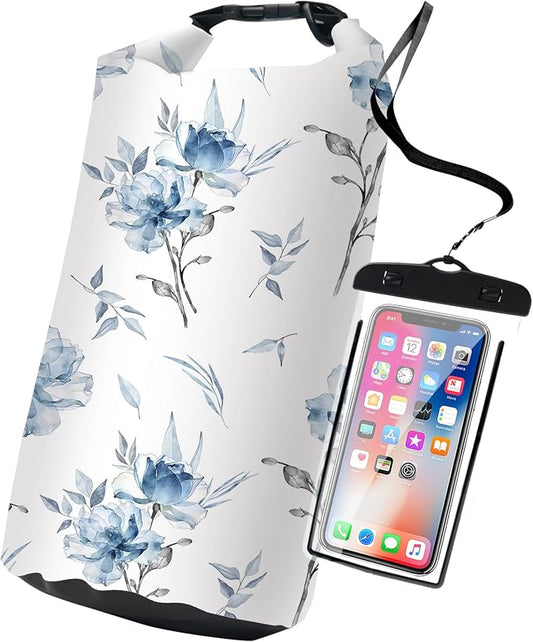 Waterproof Dry Bag,Blue Flower Watercolor Small Waterproof Backpack 2L/5L/10L/20L/30L/40L Floating Lightweight Bags for Kayaking, Boating, Fishing, Swimming Camping with Waterproof Phone Case by Cliduli
