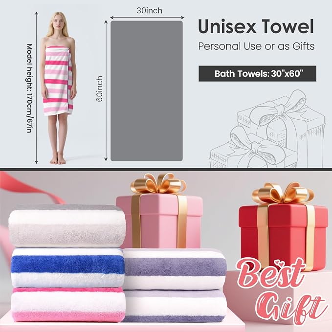 JML Microfiber Bath Towels,2 Pack(30" x 60"), Oversized, Soft, Super Absorbent, Fast Drying, Large Beach Towel Set for Sauna, Salon, Sports, Fitness, Yoga, Cabana Stripe Pink - Image 2
