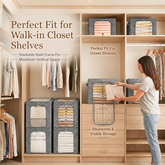 GoMaihe Clothes Storage Bin with Metal Frame: 6-Pack Stackable Closet Storage Bin with Lid & Clear Window, Sweater Boxes Storage for Closet Bedding Clothing Storage Organizer 40L - Image 8