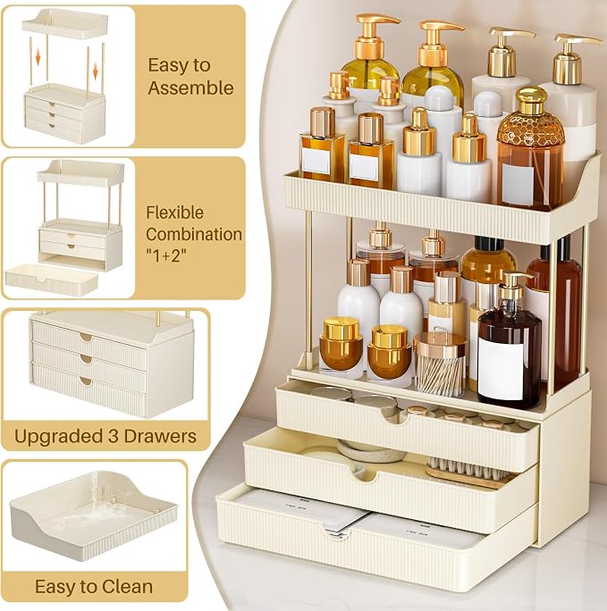 caktraie Bathroom Organizers and Storage - 3 Drawers 2 Tier Makeup Organizer, Cosmetic Storage Drawer for Dresser Countertop and Bathroom Vanity for Large Skincare, Perfume, Cream White - Image 6