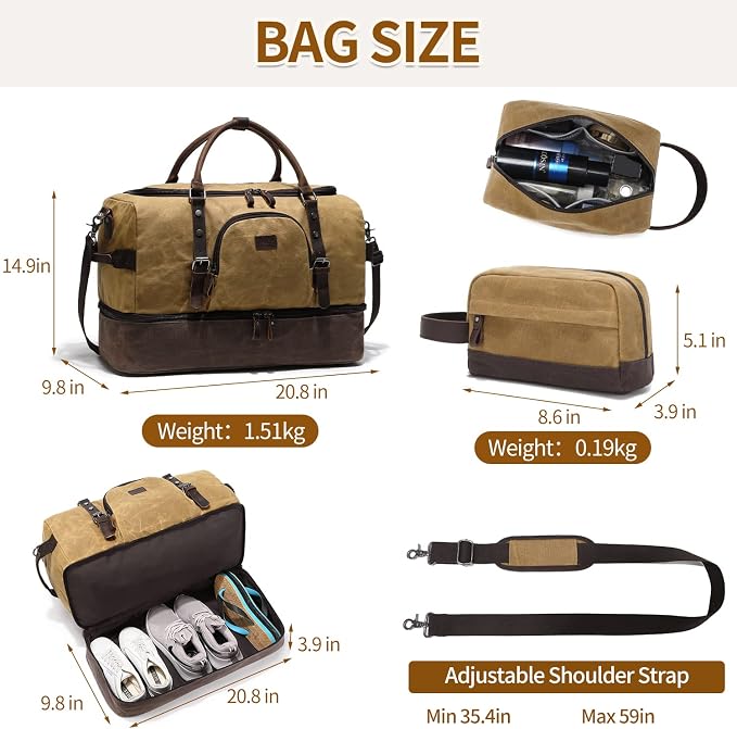 Nerlion Weekender Bag with Shoe Compartment Large Overnight Bag for Men Canvas Genuine Leather Carry on Luggage Bag Travel Duffel Bag(Brown) - Image 5