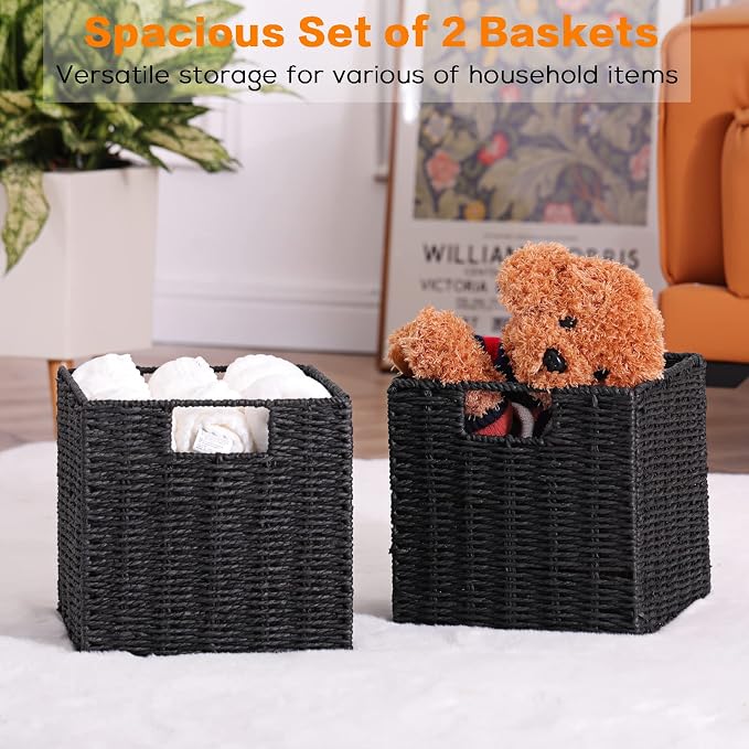 Vagusicc Wicker Basket, Set of 2 Woven Storage Baskets for Shelves, Foldable Cube Storage Basket Bins with Handles, 9 inch Small Storage Baskets for Organizing Pantry Bedroom, Black - Image 4