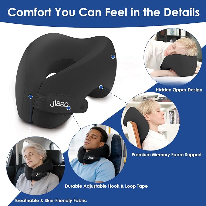 jiaao Travel Pillow Memory Foam Neck Pillow for Airplanes | Adjustable Neck Support | Eye Mask, Earplugs & Storage Box | Flights, Road Trips, Car, Train & Home Use - Image 4