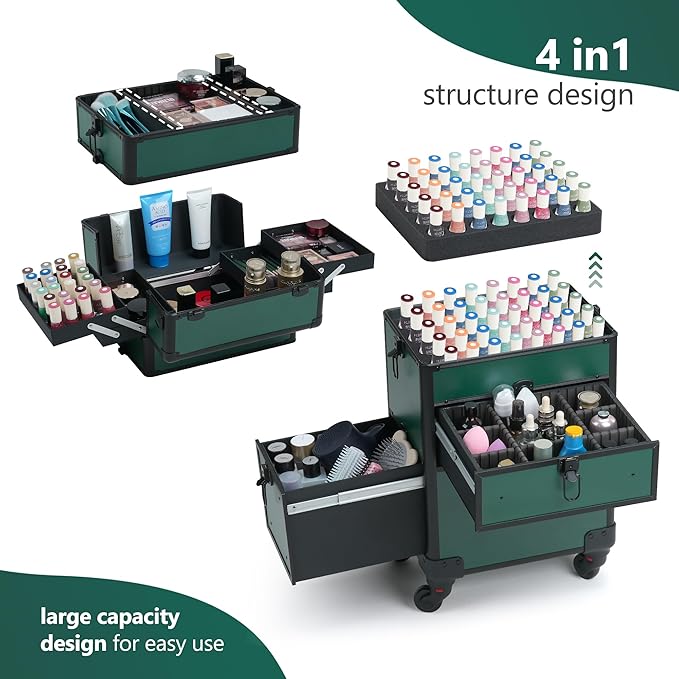Somduy Rolling Makeup Case with Drawer, Makeup Train Case, 4 in 1Cosmetology Case on Wheels, Christmas Gift, Large Makeup Case Organizers, Profesional Cosmetic Case for Salon Barber, Green - Image 4