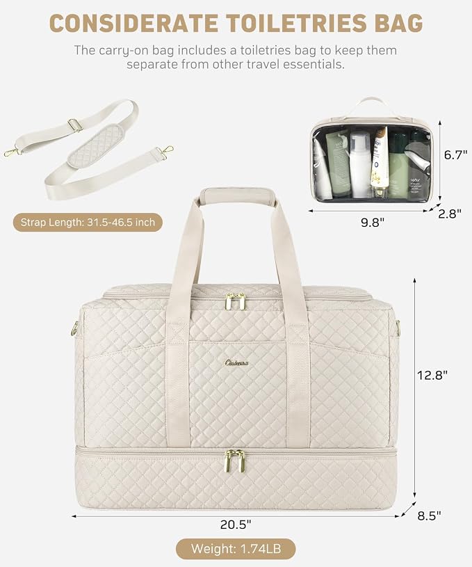 Duffle Bag for Travel, Weekender Bag with Shoe Compartment, Carry On Overnight Bag for Women with Toiletry Bag Duffel Bags with Wet Pocket for Gym Hospital Bags for Labor and Delivery Beige - Image 4