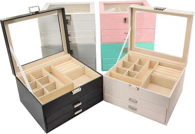 BOOVO Clear Lid Jewelry Box,3 Layers Jewelry Organizer Large Jewelry Storage Box with 2 Drawers,Jewelry Holder Organzier of Rings Earrings Necklace Bracelets for Women (Black, 3 Layer) - Image 7