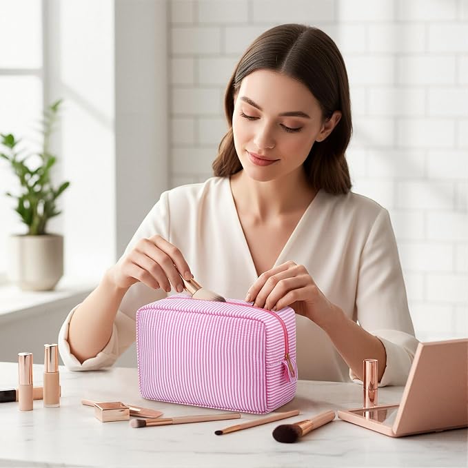 Sanwuta 10 Pcs Seersucker Cosmetic Bag Seersucker Makeup Bag Women Stripe Large Travel Toiletry Organizer Preppy Storage Pouch for Embroidery Wedding Bridesmaid Bride Mom (Pink) - Image 5