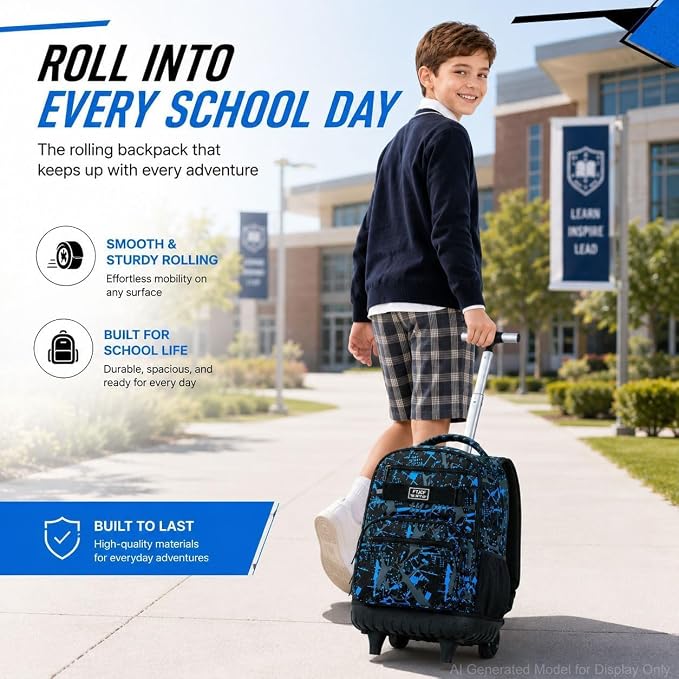 3Pcs Rolling Backpack for Boys, Men Roller Bag with Wheels for Adults, 19 Inche Graffiti Wheeled Bookbag with Lunch Box(Blue) - Image 2