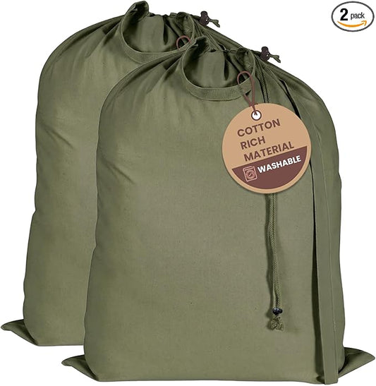 LFH Home Large Premium Cotton Rich Canvas Laundry Bag with Drawstring and Handles Heavy Duty, Multi-Use, and Washable for Home, Travel, College or Storage 28x40 (Pack of 2)-Military Green by LFHHomePrivateLimited